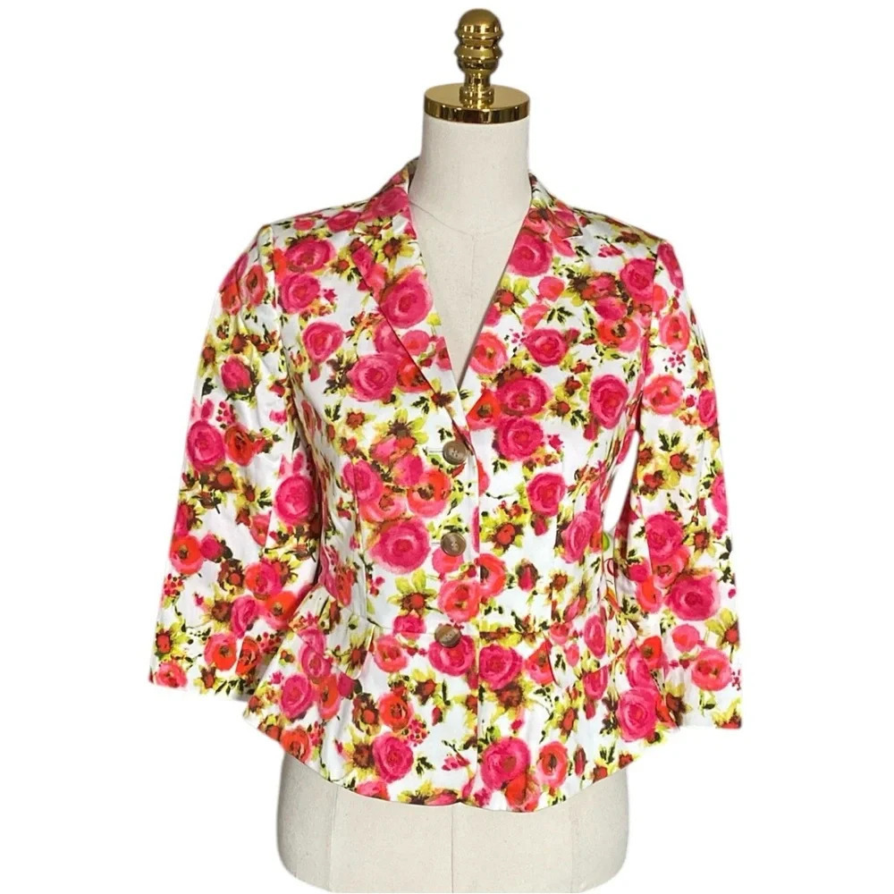 ANN TAYLOR | Pastel Blooms Print Stretch Cotton Jacket Color Red Floral Size 2